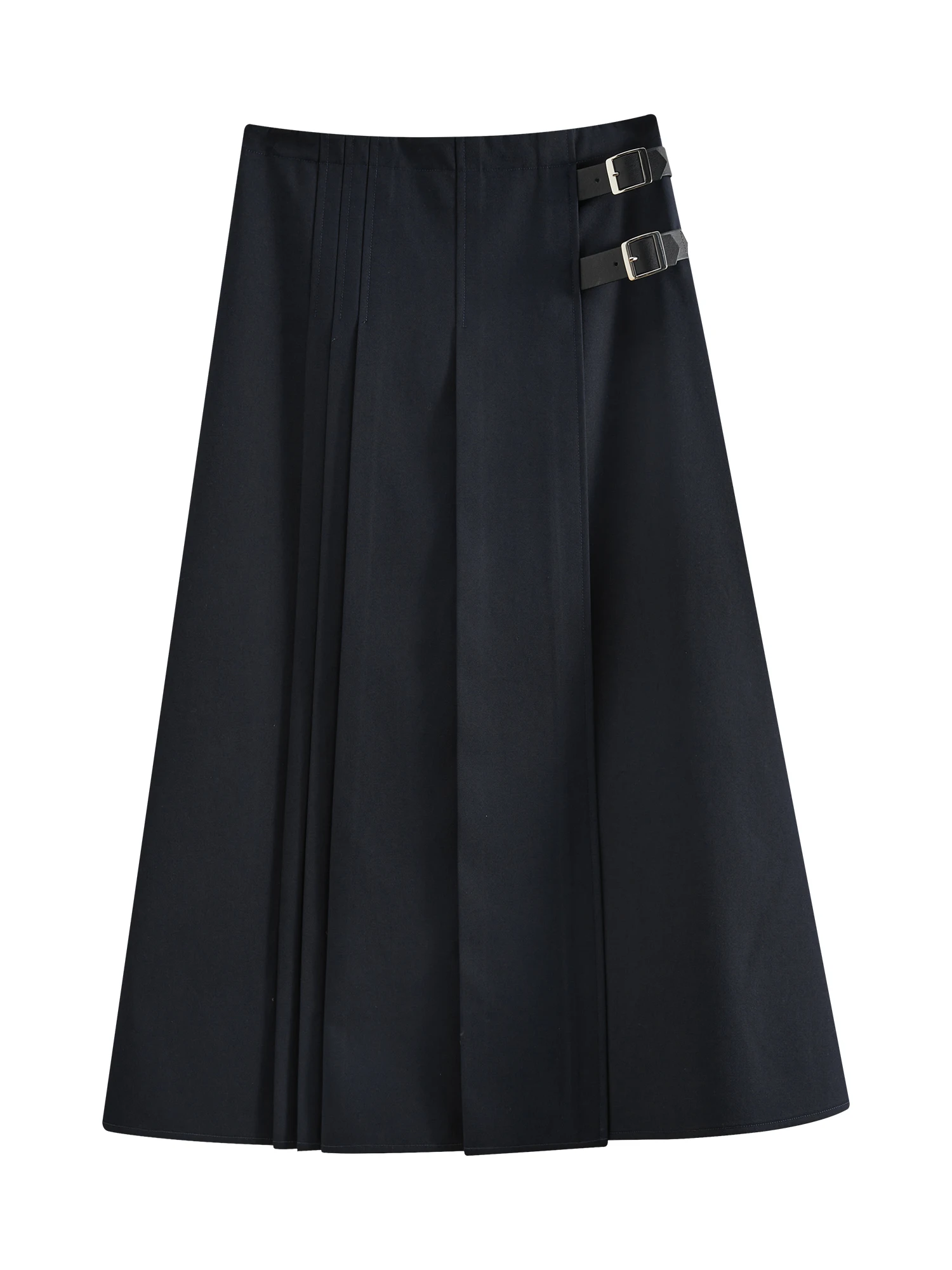 FSLE College Style A-line Solid Color Navy Blue Skirt For Female 2025 Spring New Design Elegant Chic Long khaki Skirt 25FS11201