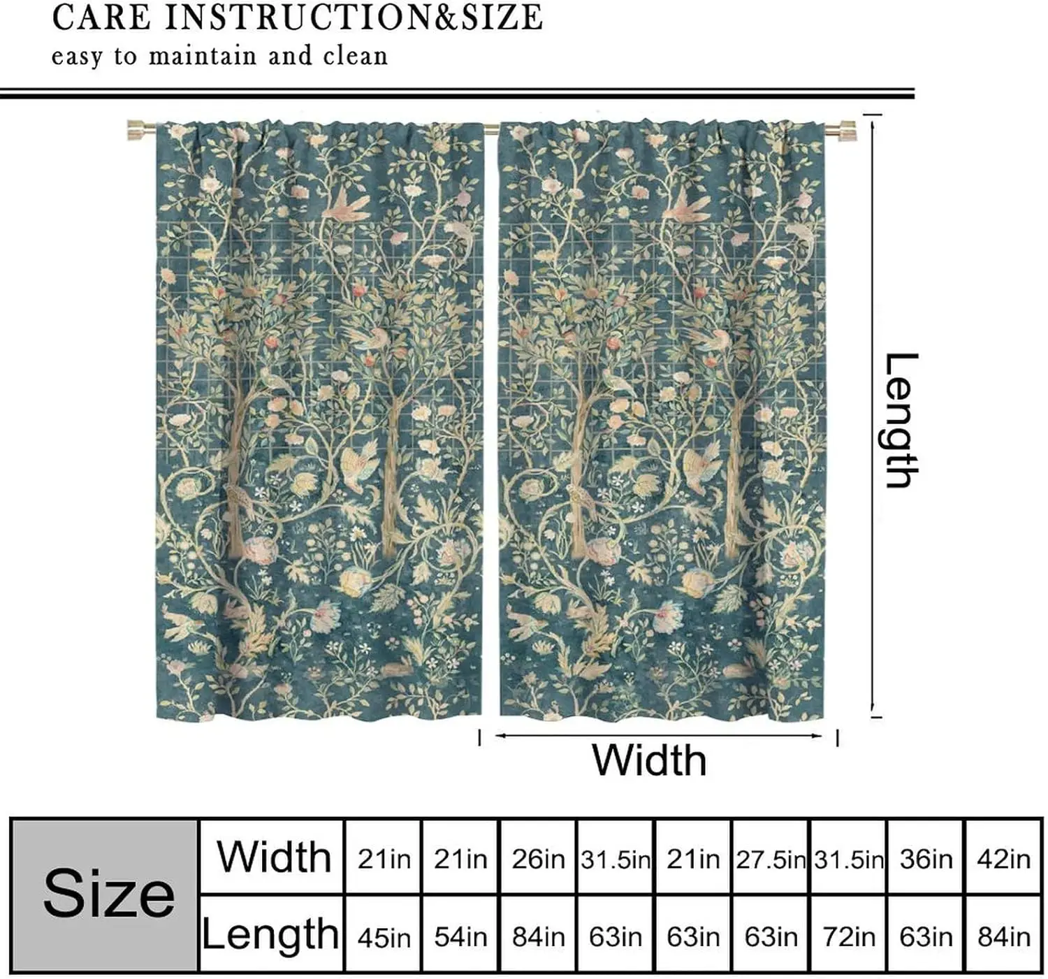 Boho Floral William Morris Blackout Window Curtains, Retro Flowers Bird Pattern Printing Window Drapes