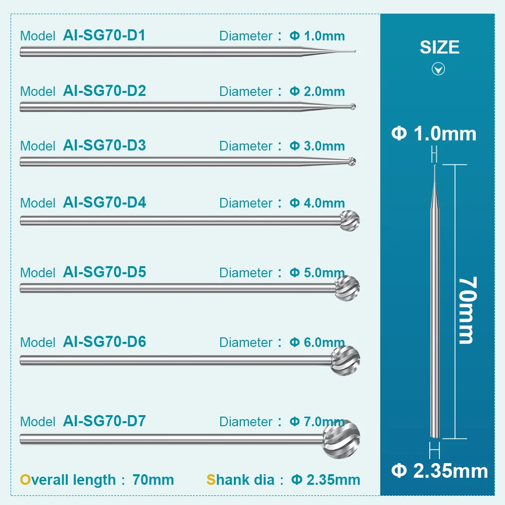 AI-SG70 Dental Tungsten Steel Burs Dia.2.35mm Overall Length 70mm for SG Series Implant Surgical Contra Angle Straight Handpiece