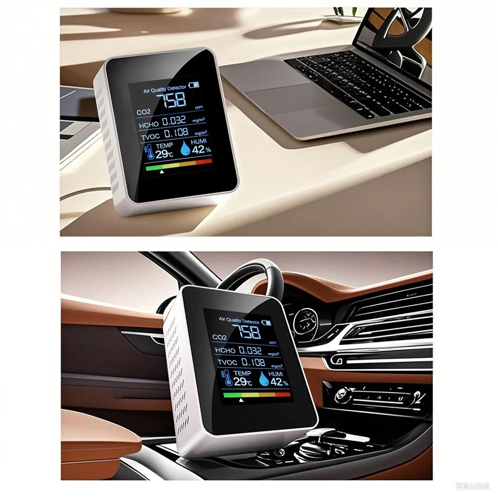 مراقبة جودة الهواء 5 في 1 داخلي كاشف ثاني أكسيد الكربون الفورمالديهايد HCHO TVOC تستر LCD جهاز قياس درجة الحرارة والرطوبة إنذار متر واي فاي