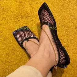 Ladies' Mesh Flat Shoes Sexy Square Chain Sandals Niche Mary Jane Shoes Breathable Mesh Hollow Shallow Mouth Shoes 2024 New