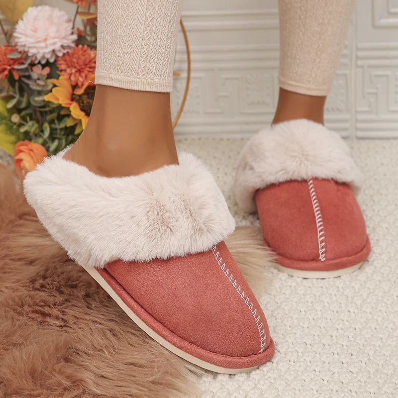 Chinelos femininos de algodão de dedo fechado, pele sintética, pelúcia grossa, quente, leve, casual, slides interiores, sapatos de casa, feminino, inverno