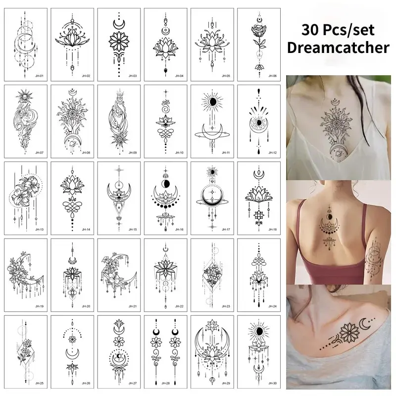 

30pcs Temporary Tattoo Sticker moon star English devil flower sketch Waterproof Fake Tatoo Flash Tatto for Men Women girls