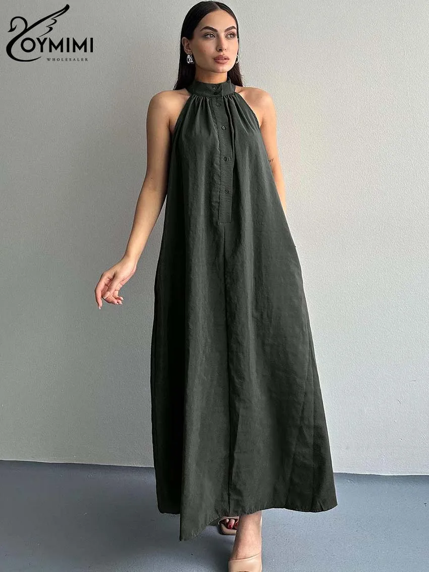 Oymimi Casual Green Nylon Women's Dress Elegant Halter Neck Sleeveless Loose Dresses Fashion Simple Ankle-Length Dresses Female