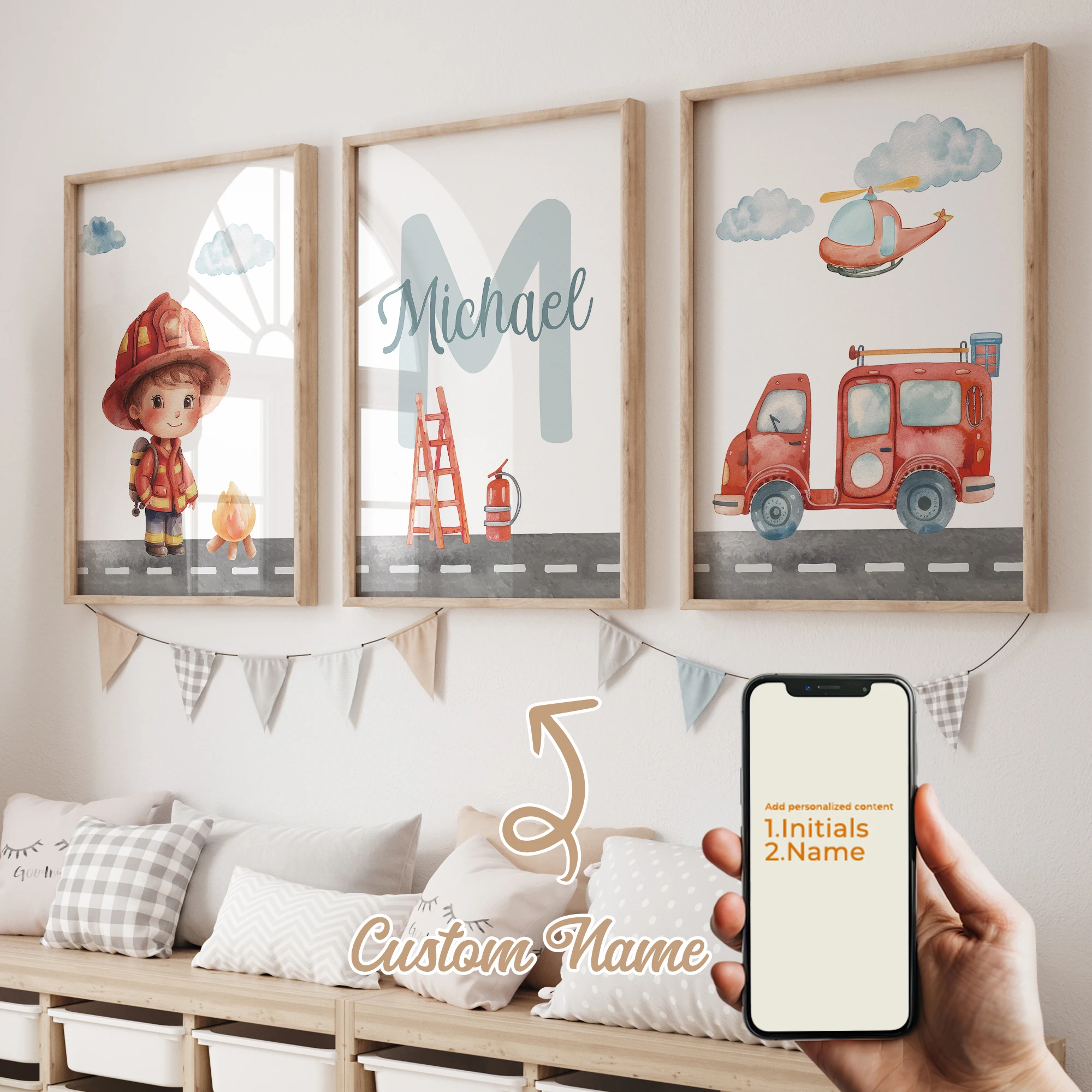 3 Piezas de Lienzos Decorativos Personalizados con Nombre, Dibujos Animados de Bomberos, Impresiones Artísticas para Pared, Pósteres para Sala de Estar, Decoración del Hogar