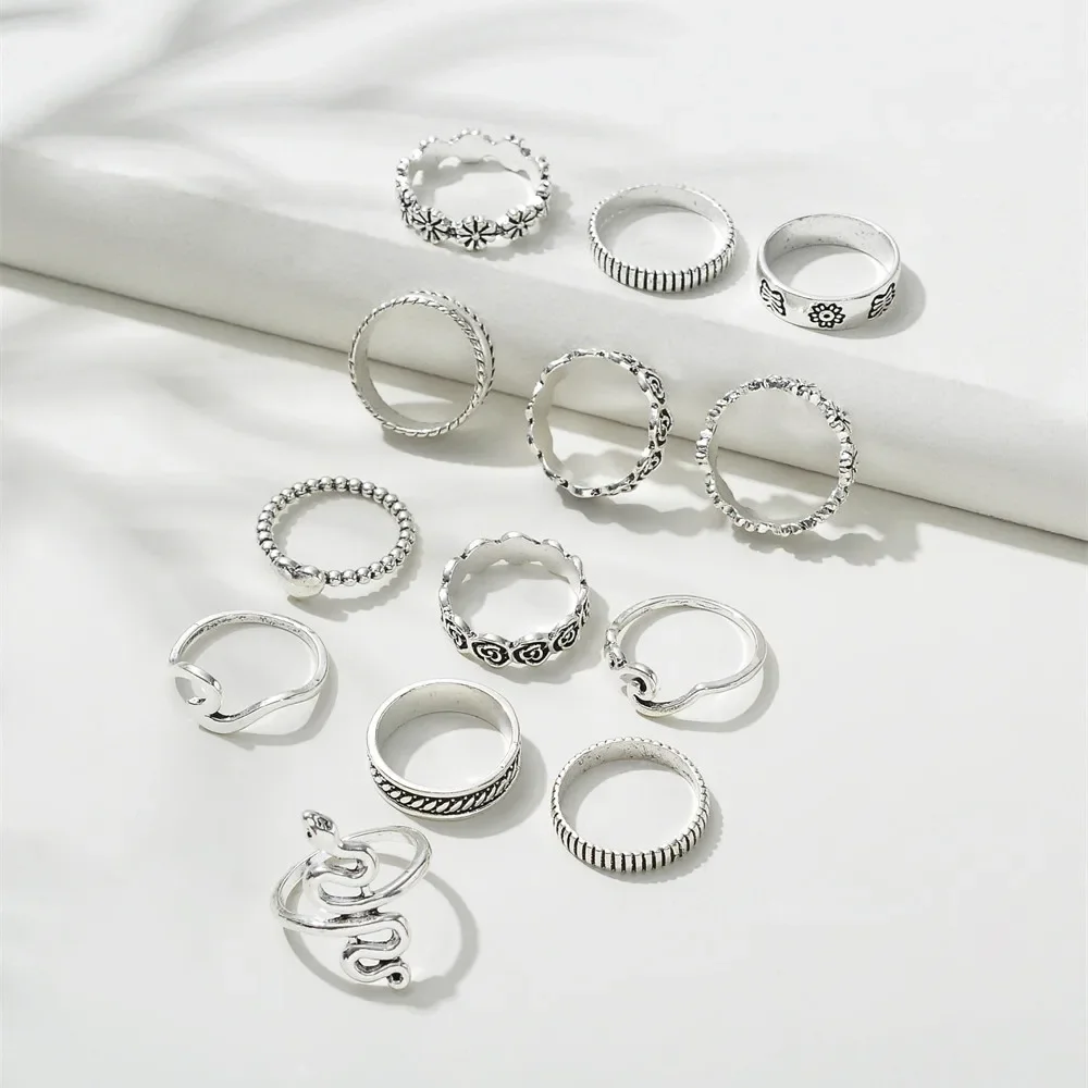 Fashion Silver-plate Snake Flower Heart Shape Geometry Set Ring For Women Boho Vintage Trendy Personality Rings Jewelry Gift image 4