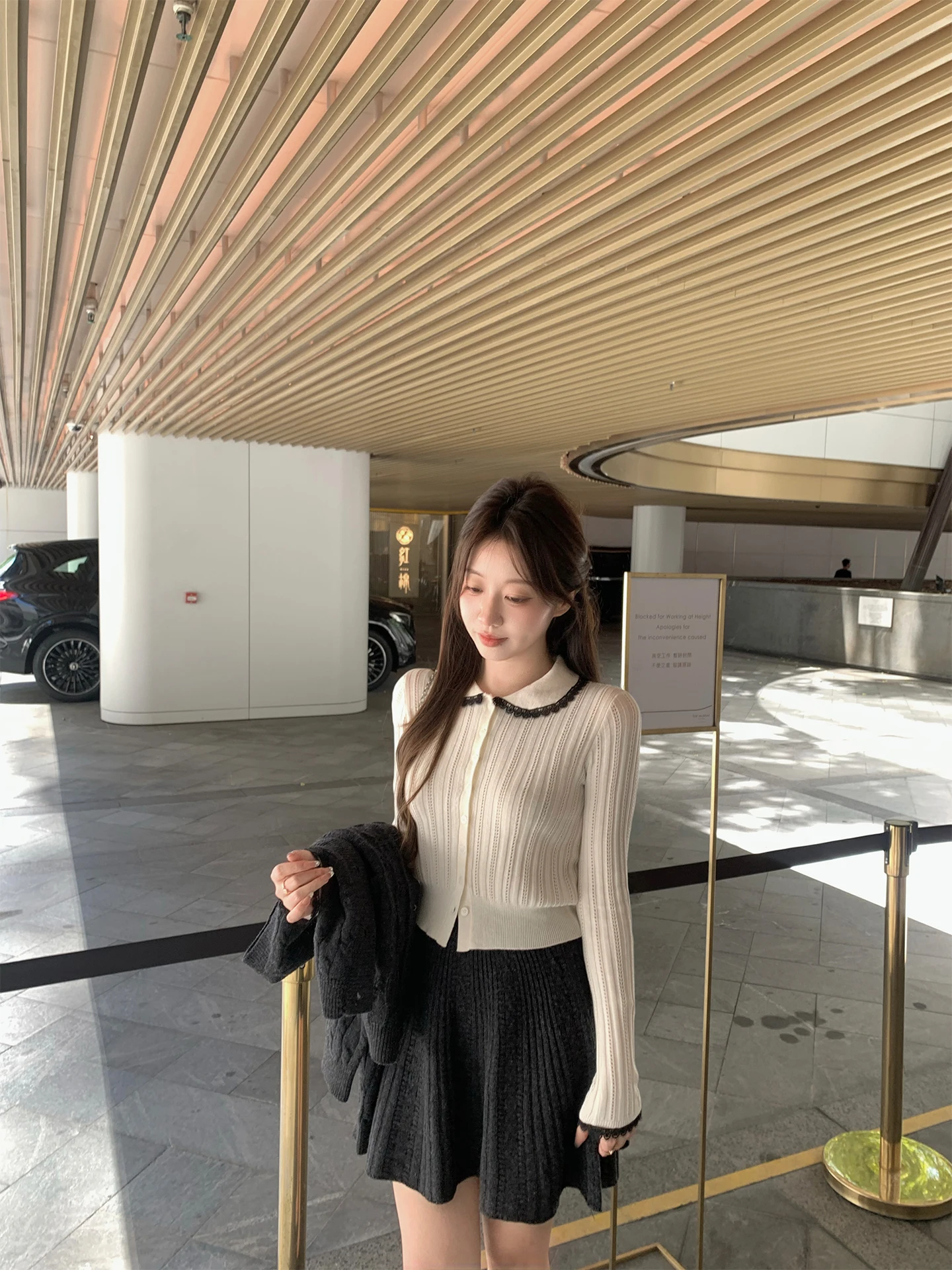 

Модный женский вязаный кардиган Cute Ja Maple Sugar Enamel Soft Sweet с воротником-куклой, цветными блоками и кружевной отделкой, топ для ношения под одеждой