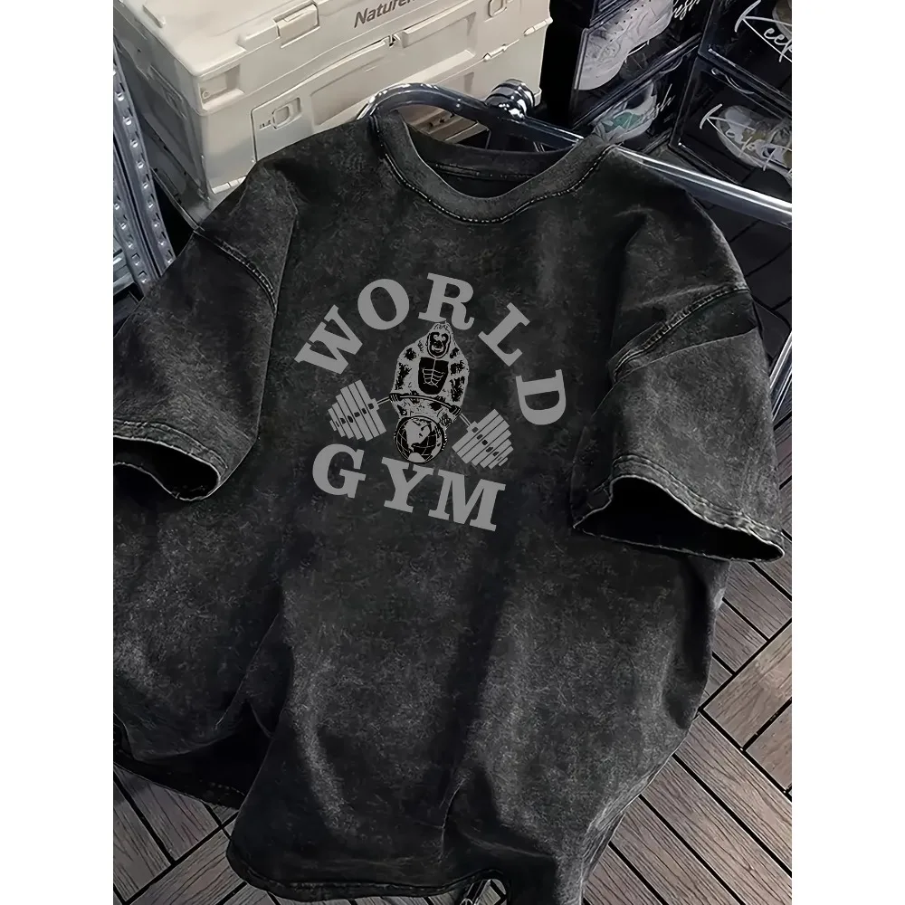 Vintage Acid Wash World Gym Gorilla Graphic T-Shirt Oversized Workout Casual Cotton Tops for Men Women Graphic T Shirts Y2k Top