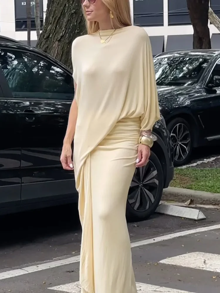 

Fashion Pleated Irregular Sleeve Maxi Dress Women Elegant Solid High Waist Slim Long Dresses 2026 Lady Evening Dinner Vestidos