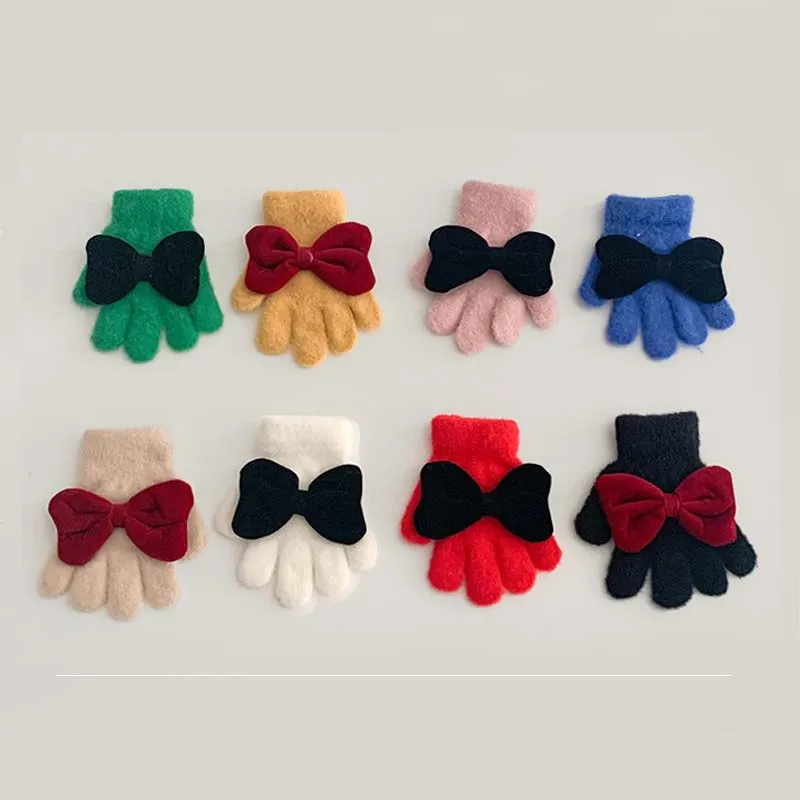 

Kids Big Bow Gloves for Girls Baby Soft Knitting Five Finger Glove Autumn Winter Child Lovely Outdoor Warm Thicken Plush Mitten