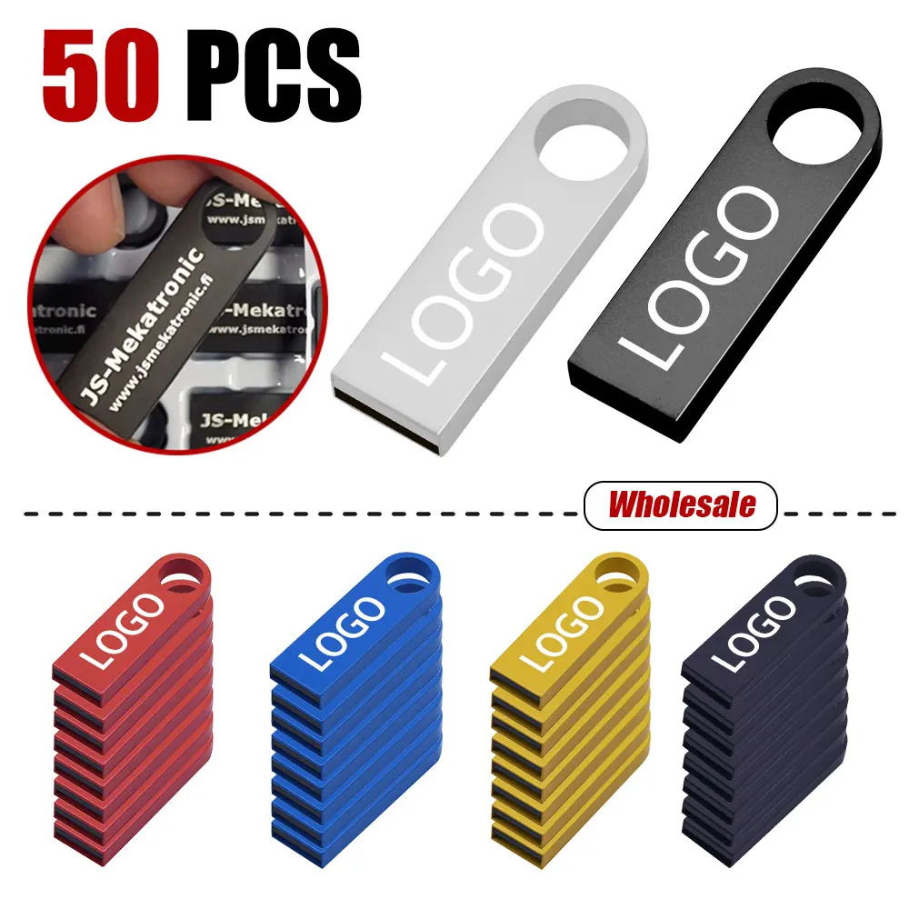 50PCS ความเร็วสูงขายส่งฟรีเลเซอร์ที่กําหนดเอง USB2.0 แฟลชไดรฟ์ 1GB 4GB 8GB 16GB 32GB 64GB Cle Flashdisk โลหะ usb stick พร้อม key