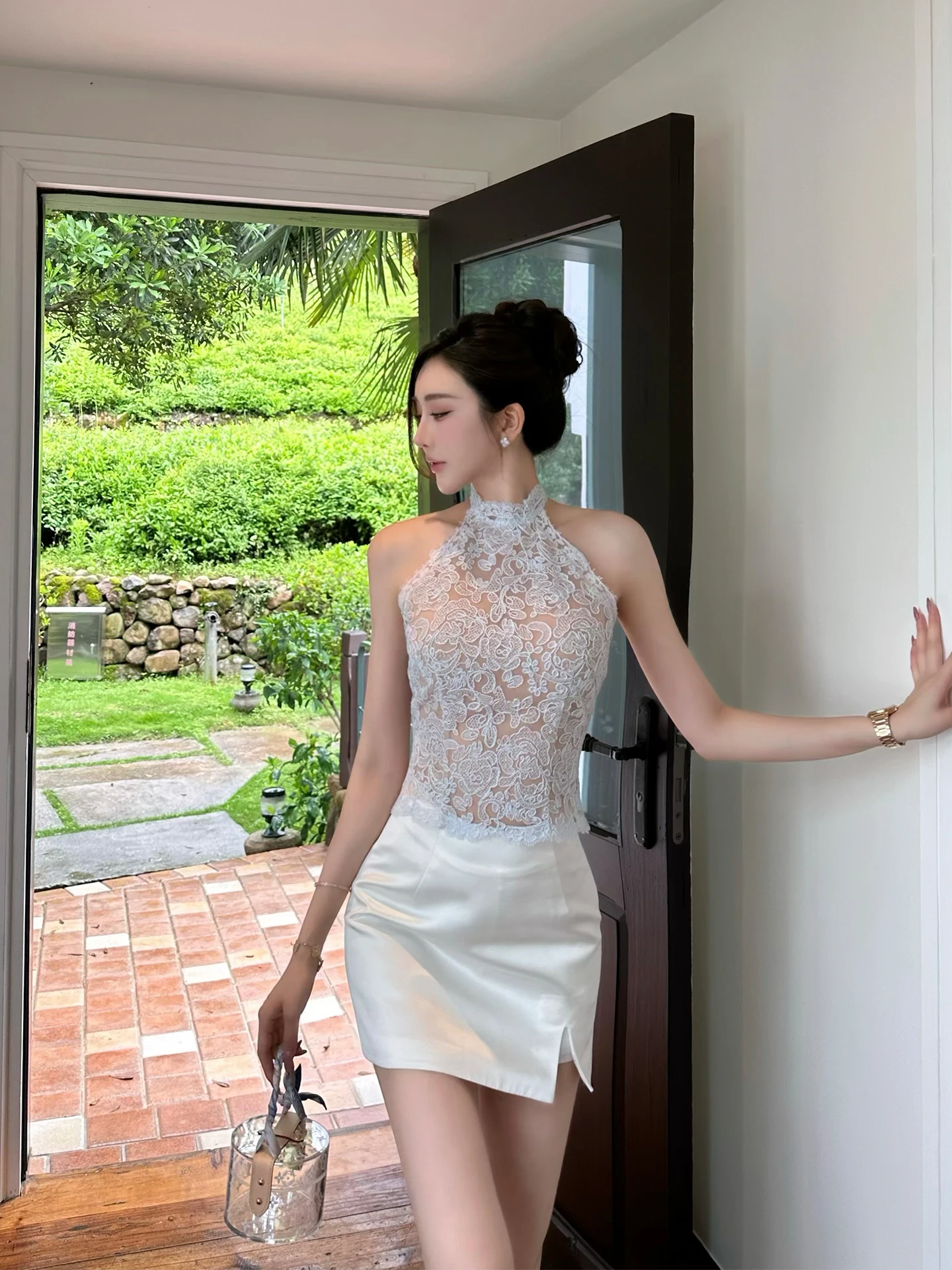 

Sexy Lace Crop Top Women's Faion Design oulder Digging Stand Collar Slim Fit Breathable Summer Outfit Busin Casual Wear