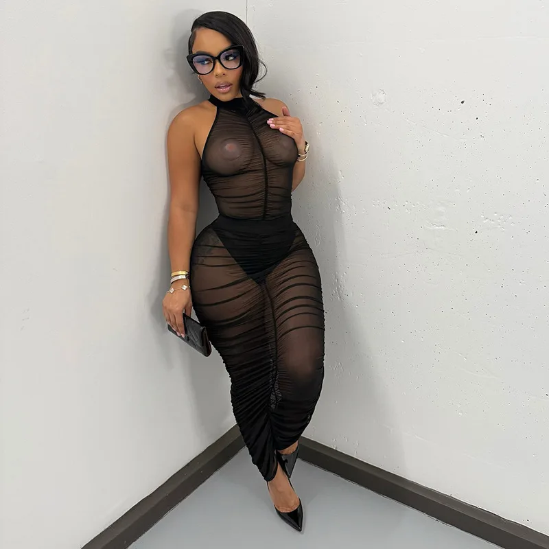 

DSMTRC черное сетчатое прозрачное женское сексуальное боди без рукавов с лямкой на шее + плиссированная макси-юбка комплект из 2 предметов 2025 полночная клубная одежда наряд