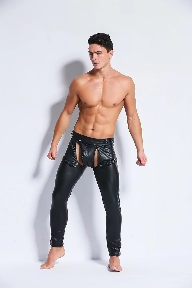 

Сексуальные эротические мужские брюки из искусственной кожи, мужские латексные брюки с мокрым эффектом, экзотическая клубная одежда, гей-фетиш, брюки из ПВХ с открытой промежностью