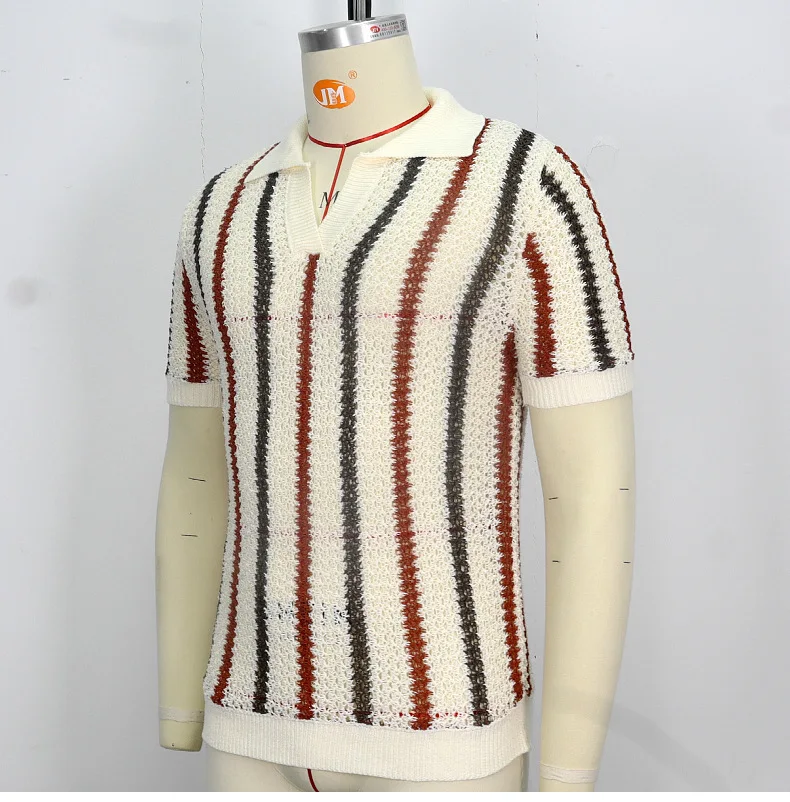 Mens Tops Chunky Cut-out Knit Striped Contrasting Woollen Casual Polo Shirt for Men