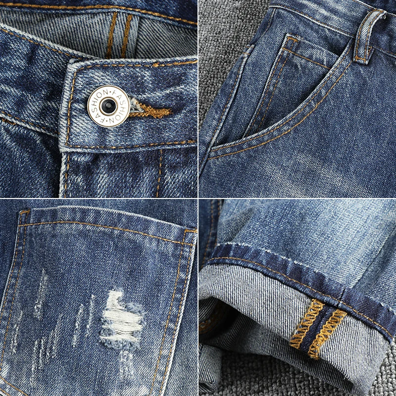 ผ้าฝ้าย 100% ฤดูร้อน Heavy ล้าง Ripped Hole Denim กางเกงยีนส์ผู้ชาย Slim Fit ขาตรงอเมริกัน Retro Cropped กางเกง