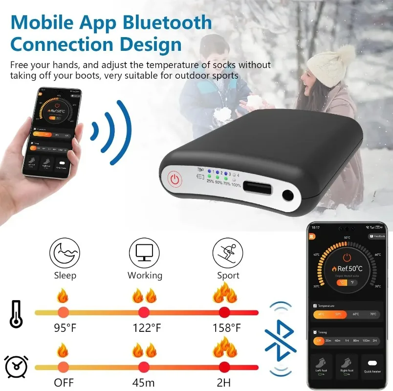 5V 5000mAh Rechargeable Battery for Heated Socks (2 Pack), Smart APP Control 4-Gear Temperature Display Heating Sock Power Bank