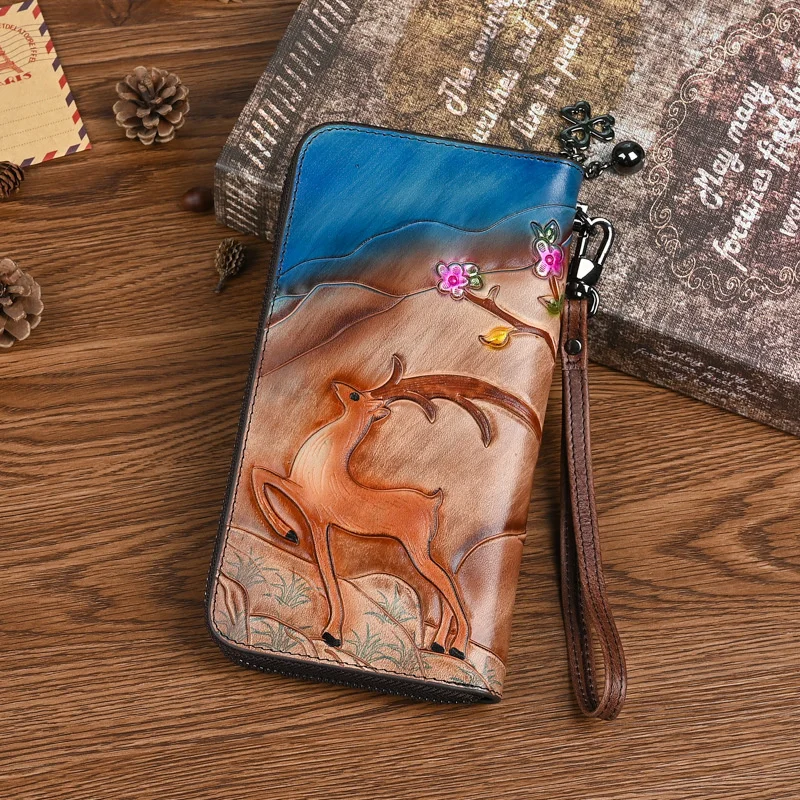 MOTAORA Genuine Leather Long Wallet Women Deer Embossed & Hand-Painted Phone Pocket Purse Vintage Zipper Coin Bag