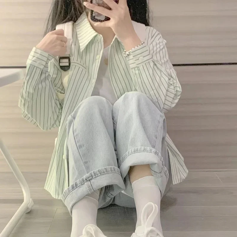 Casual Commuting Long Sleeves Striped Shirt for Women Spring Autumn Loose Japanese Style Retro Small Shirt Chic Top for Women