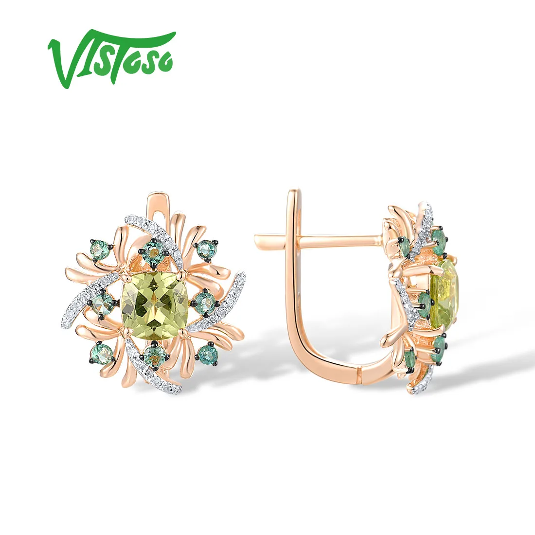 VISTOSO Authentic 14K 585 Rose Gold Earrings For Women Sparkling Genuine Diamond Emerald Peridot Shiny Fine Elegant Jewelry