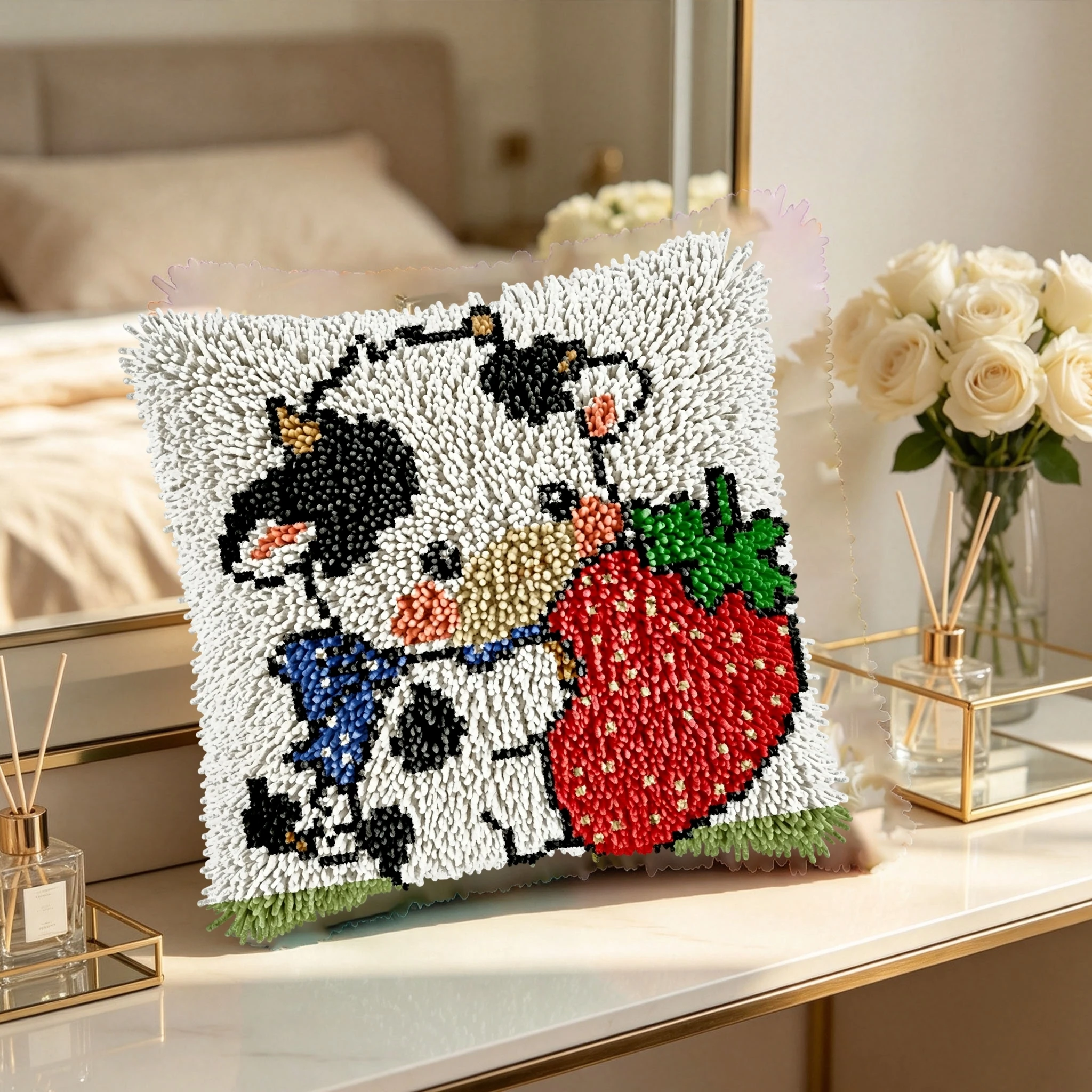 1Set Strawberry Cow Knot Pillow Latch Hook Kit Cushion Pillowcase Set For Needlework Latch Hook Kits DIY Beginner-friendly Embro