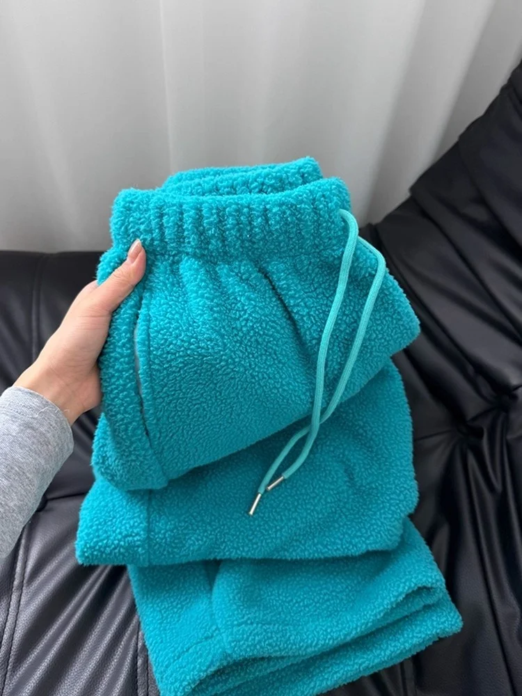 

Мужские утепленные повседневные брюки свободного кроя с широкими штанинами, на меху из овчины, в стиле хип-хоп, с высокой талией, для осени и зимы, цвет озерно-синий