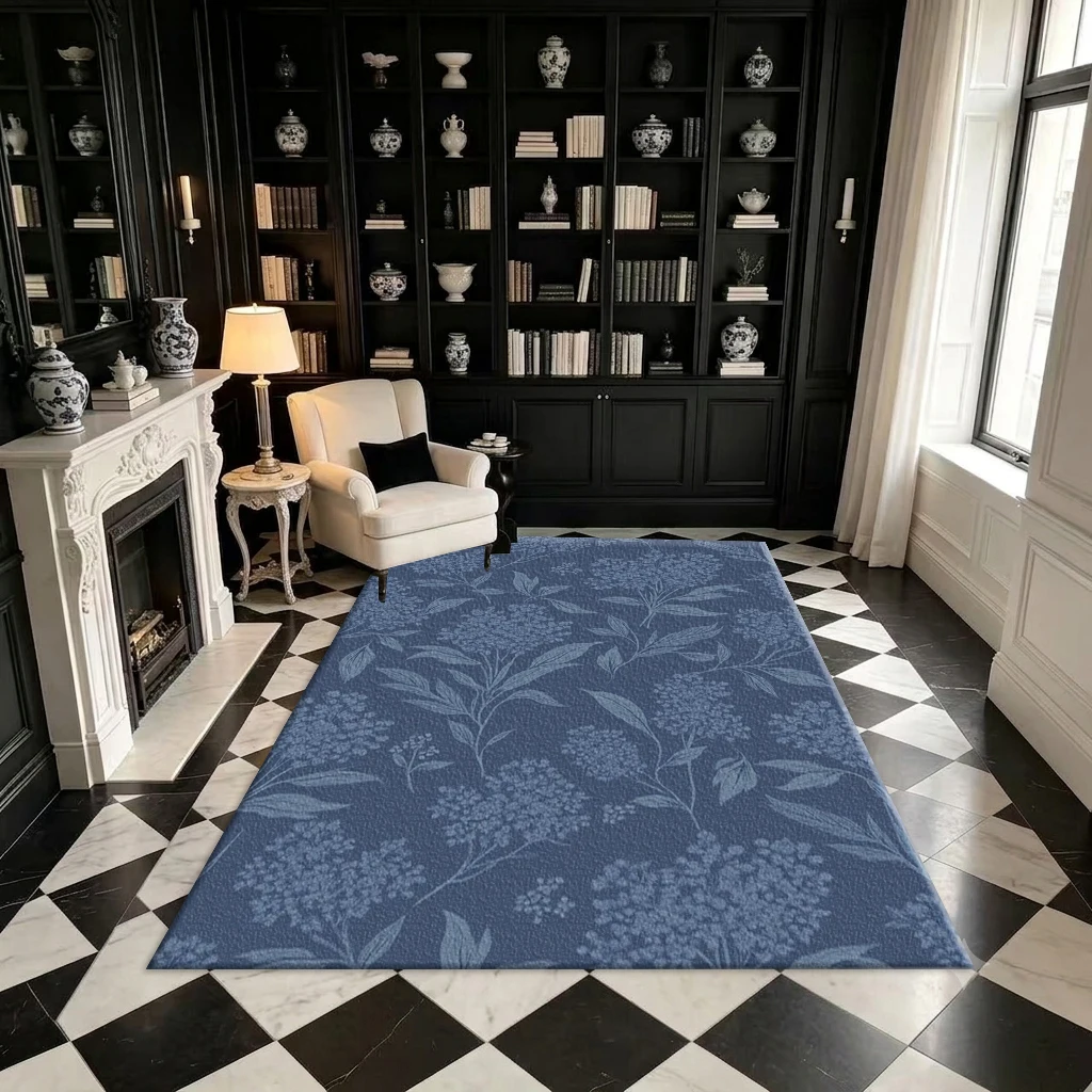 Dark Blue Hydrangea Floral Carpet Floor Decoration Vintage Plant Leaf Seamless Pattern Printed Square Carpet Suitable for Indoor Decoration