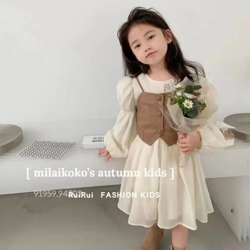 2PC Spring Autumn Girls Dress Set Long Sleeve Children's Retro PU Leather Vest Dress Set Teenage Girls Clothing Suit 2 4 6 8 12Y