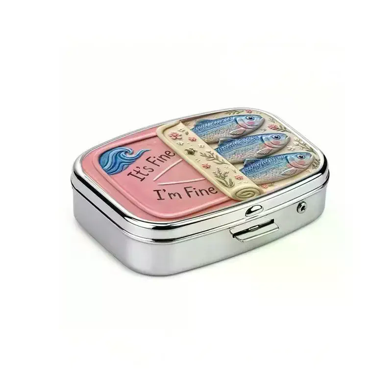 2 Compartments Metal Pill Box, It's Fine I'm Fine Sardine Print Portable Pocket Pill Case, Mini Travel Medicine Storage Contain
