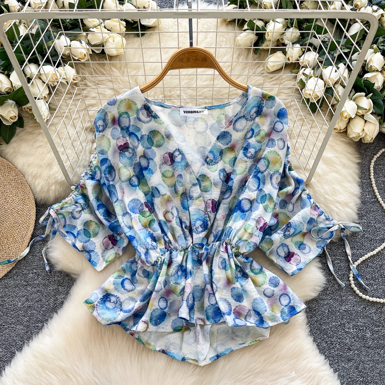 Vintage Elegant V-Neck print Draw String Top Korean Streetwear High Street Autumn Basics T-Shirts