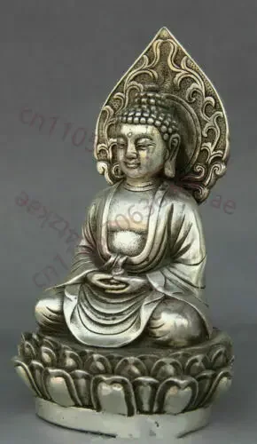 Tibetan Silver Hand carved Sakyamuni Shakyamuni Amitabha Buddha Seat Statue