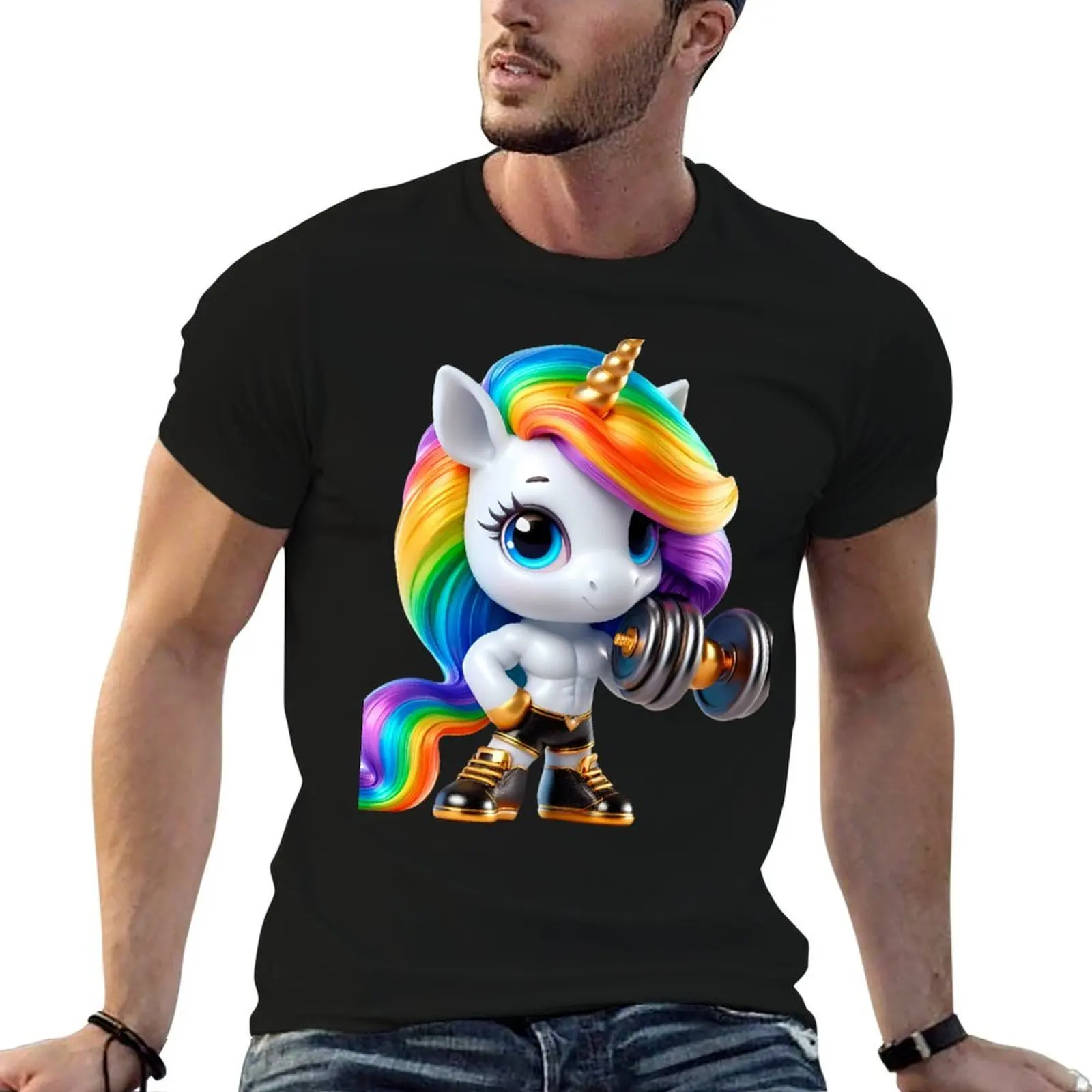 Cute Strong or Muscular Rainbow Unicorn with dumbbell in hand No. 10 T-Shirt t shirts designer t shirt man plain T-Shirt