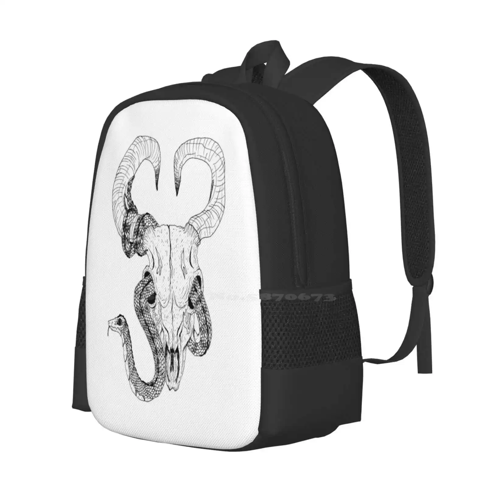 Snake Eyes 3D Print Design Backpack Student Bag Skull Snake Reptile Ram Goat Deer Horns Decay Skeleton Corpse Black And White