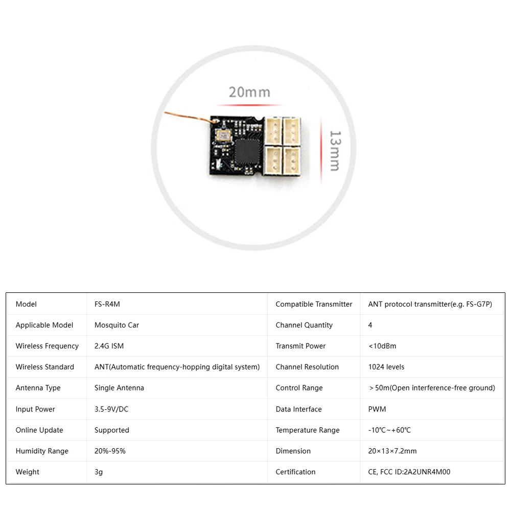 FLYSKY FS-R4M 2.4G 4CH Mini Receiver ANT Protocol Single Antenna RC Car Micro Car Two-Way Transmission Remote Control Device