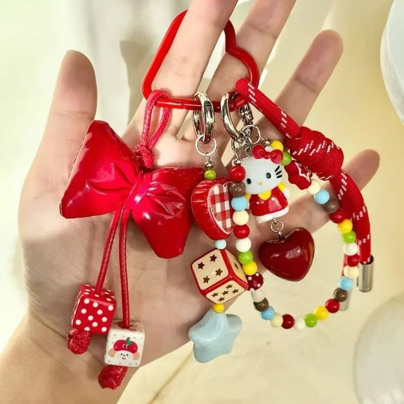 Kawaii Hello Kitty Gantungan Kunci Manik-manik Warna-warni Kartun KT Tas Jimat Busur Merah Tali Tenun Gantungan Kunci Wanita Ransel Liontin Hadiah Anak Perempuan