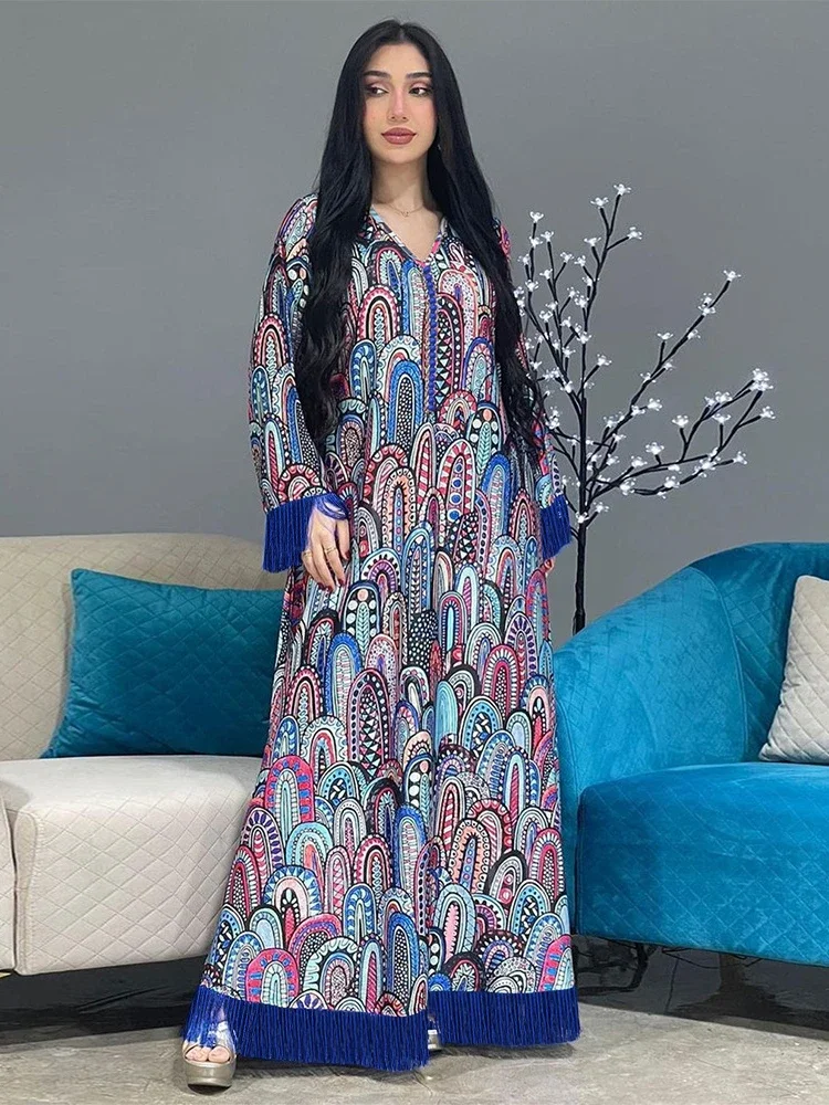 Turkey Muslim Women Long Dress Moroccan Kaftan Beadig Maxi Vestidos Tassel Robe Femme Musulman Prayer Garment Islamic Clothing