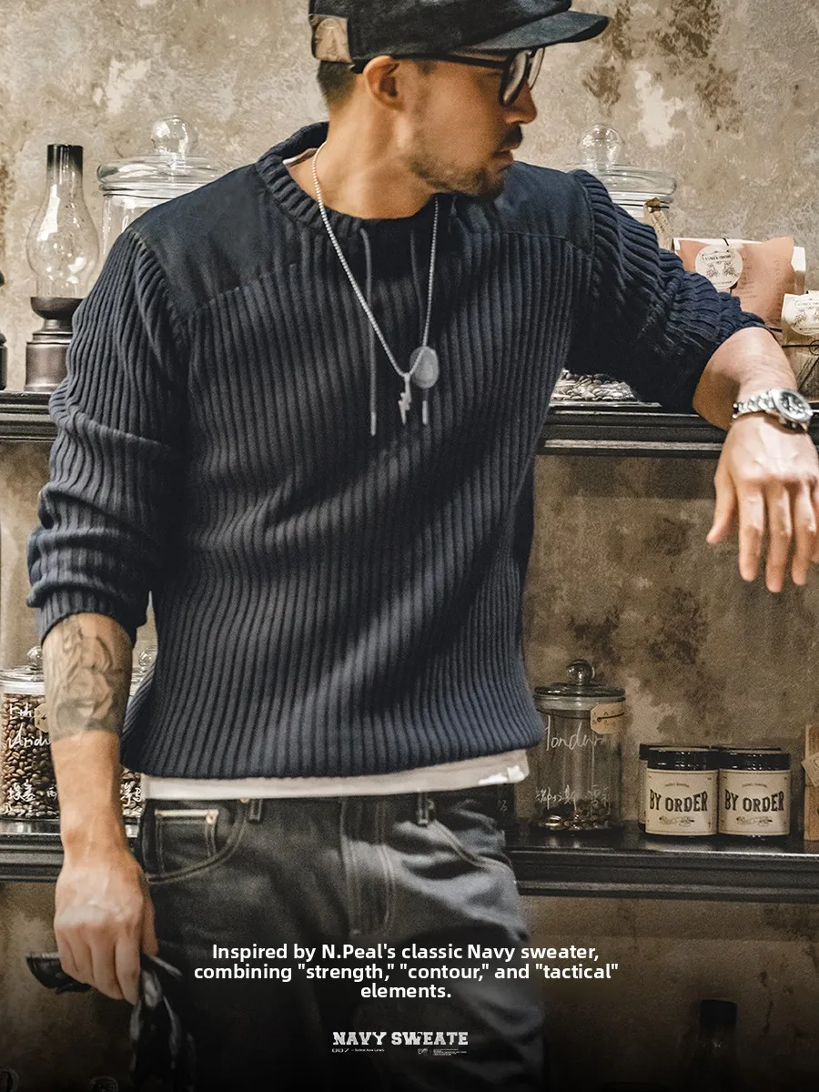 

Maden American Retro Striped Patchwork Slim Fit round Ne Tactical Knitted Sweater Men Spring Cotton Acrylic Long Sve Casual