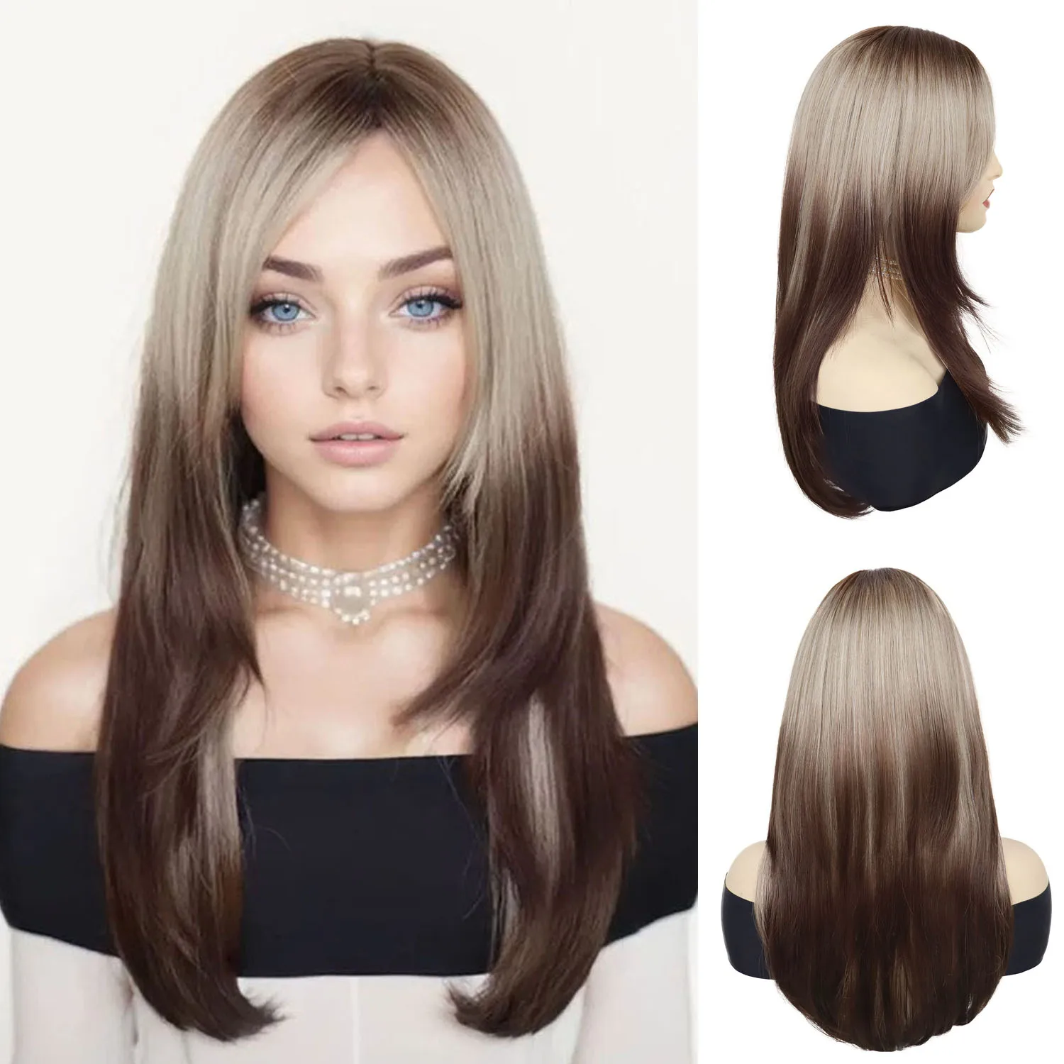 

Women's Straight Wigs Synthetic 22 Inch Long Layered Wig Brown with Blonde Highlights Wig Daily Cosplay Costume Drag Queen Wig