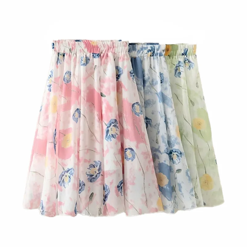 Spring Summer Floral Girl Skirt Chiffon Long Fashion Vintage Teenager Girl Clothes Elegant Princess Kids Plus Size Tutu Tulle