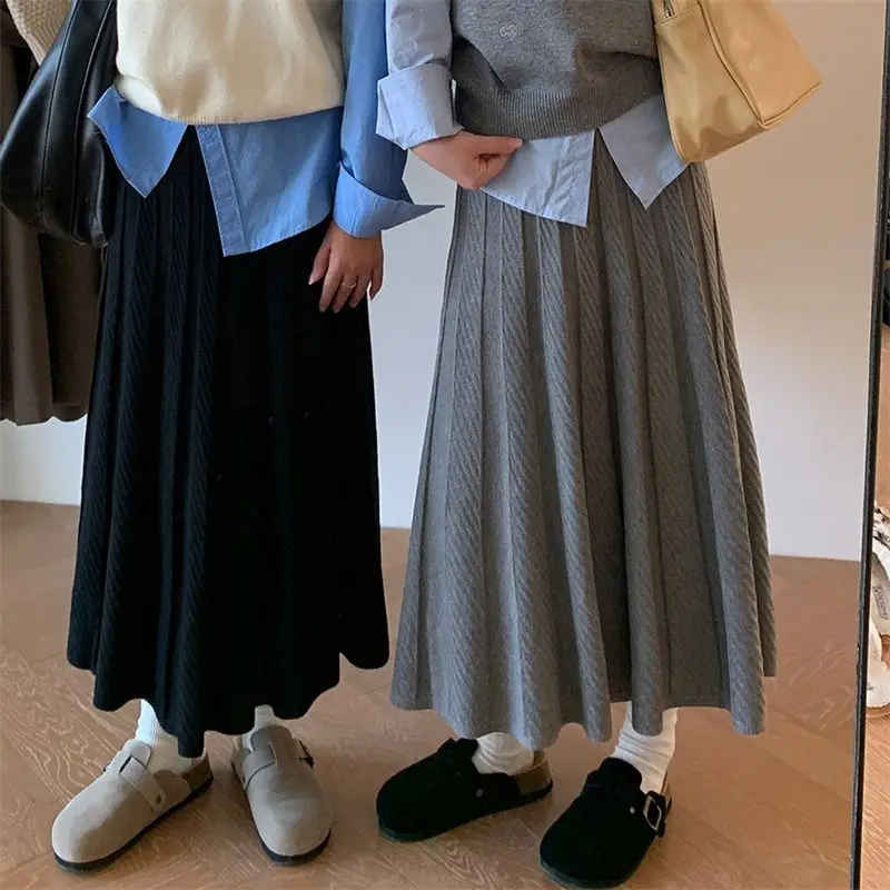 

Deeptown Korean Style Pleated Skirt Women Grey Elegant Sweet Knitted Skirt Preppy Style Autumn Winter Casual Solid Long Skirts