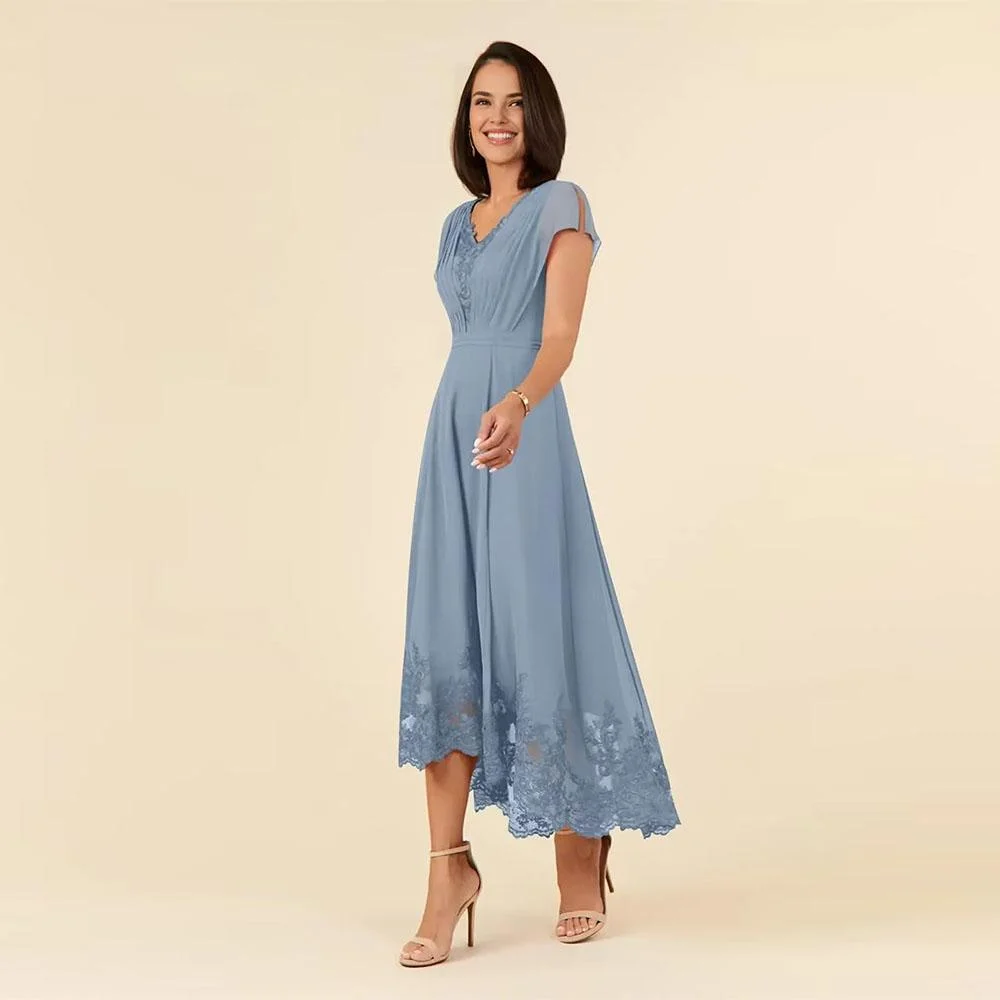 

Customized Lace Applique Mother of The Bride Dresses for Wedding Tea Length Chiffon Cap Sleeve Elegant Formal Dresses for Women