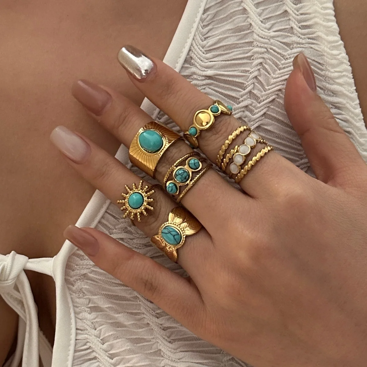 Edelstahl Blau Naturstein Geometrische Fingerringe für Damen und Herren Französischer Vintage Sonnenblumen-Blatt Runder Ovaler Ring Schmuck – Detail 17