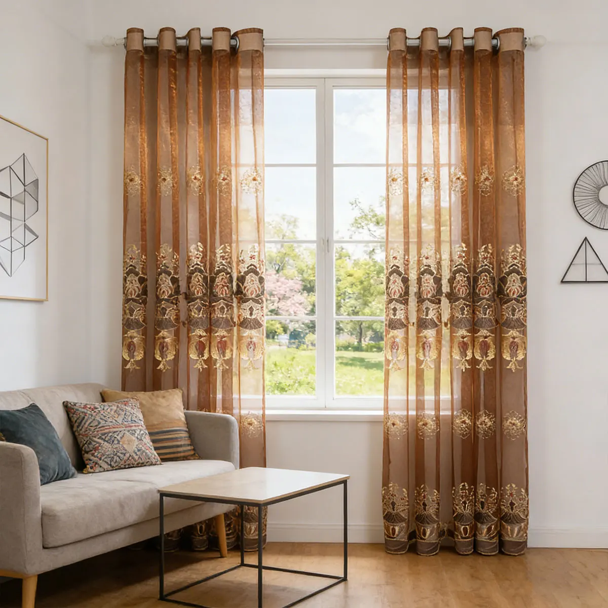 Brown Embroidery Sheer Grommet Curtain, Vintage Floral Voile Drape for Universal Living Room Bedroom Balcony Decor
