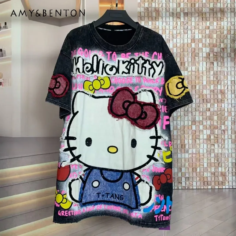 

Trendy Brand New Fashion Heavy Wash T-shirt Tees Cartoon Age-Reducing Stylish Loose Short Sleeved O-neck Tshirts Top Pullovers