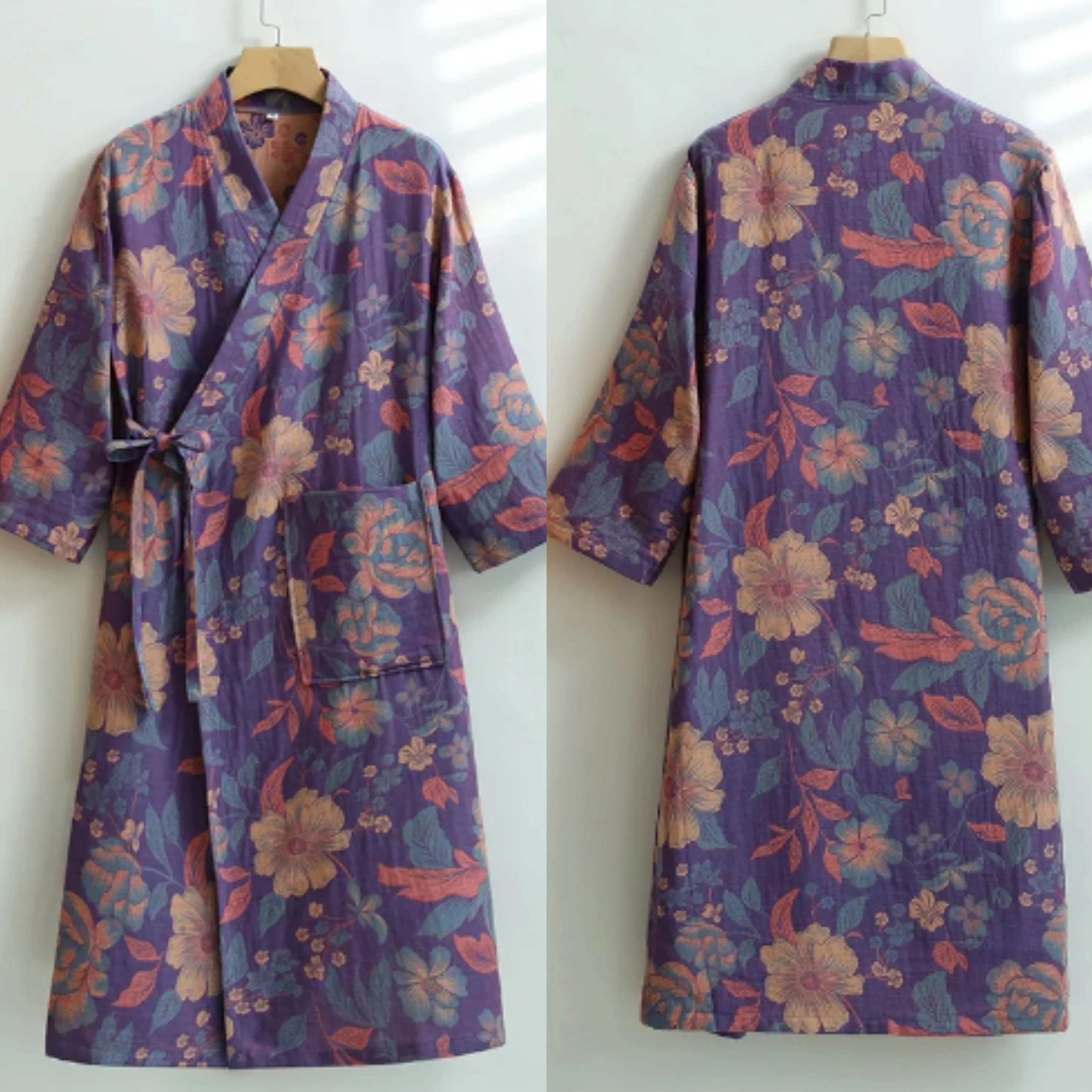 Spring Autumn Chinese Style Bathrobe Double Layer Gauze 100% Cotton Quick Dry Men Women Home Robe Loungewear Sleepwear