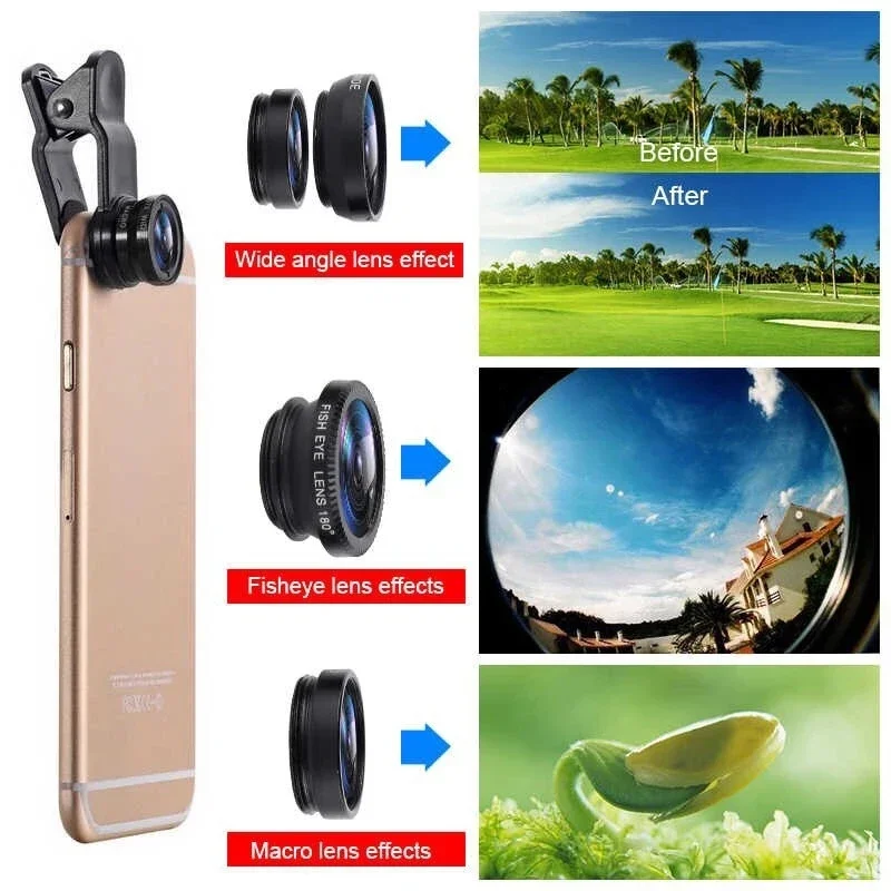 Lente de cámara 3 en 1 ojo de pez gran angular macro para iPhone Xiaomi Redmi, lente zoom 3 en 1 para smartphone con clip 2