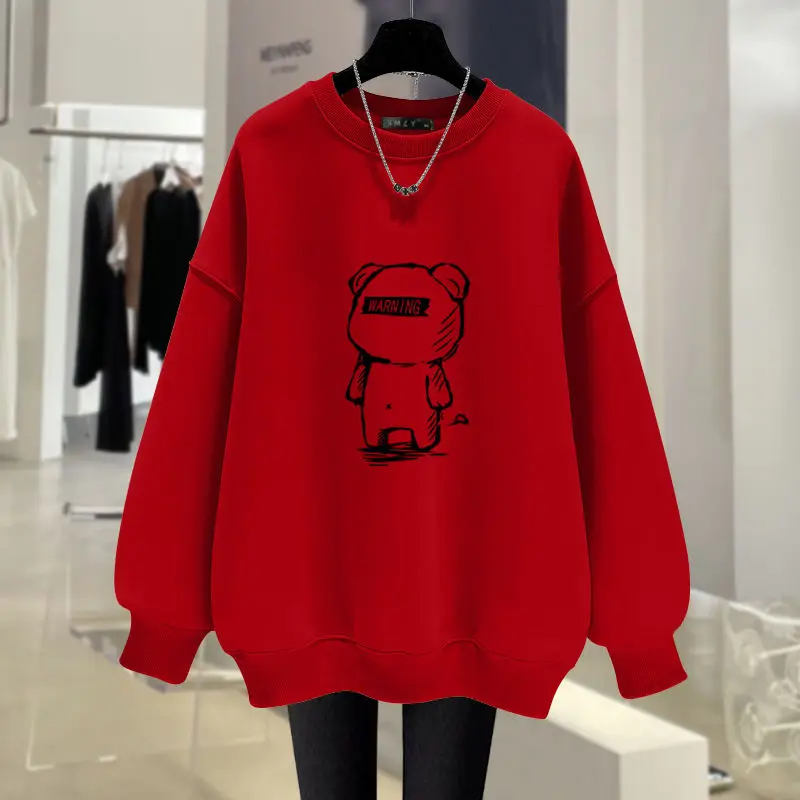 Frauen Frühling und Herbst Neue Oansatz Pullover Mode Druck Sweatshirts Casual Lose Vielseitige Langarm Medium Länge Tops