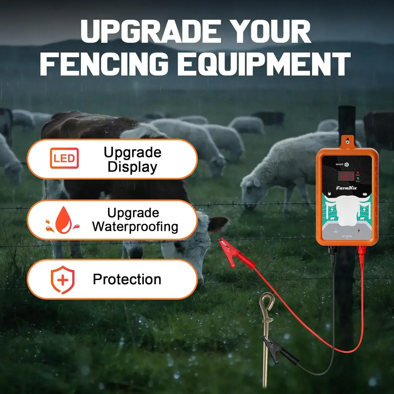 Electric Fence Energizer 15Miles/24KM 4 Joule With LCD Display 12V Energizer Controller for Farm Livestock Cows Cattle Horse