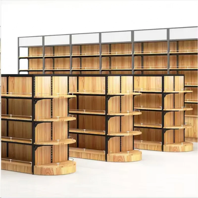 

custom.GuanRiver Supermarket Wooden Retail Shelving Display Shop Shelves Cosmetic Grocery Display Convenience Store Rack Shelves