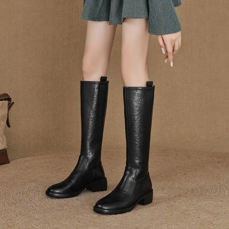 Krazing Pot Genuine Leather Round Toe Vintage Med Heels Equestrian Boots Winter Shoes Women Street Wear Slip On Thigh High Boots